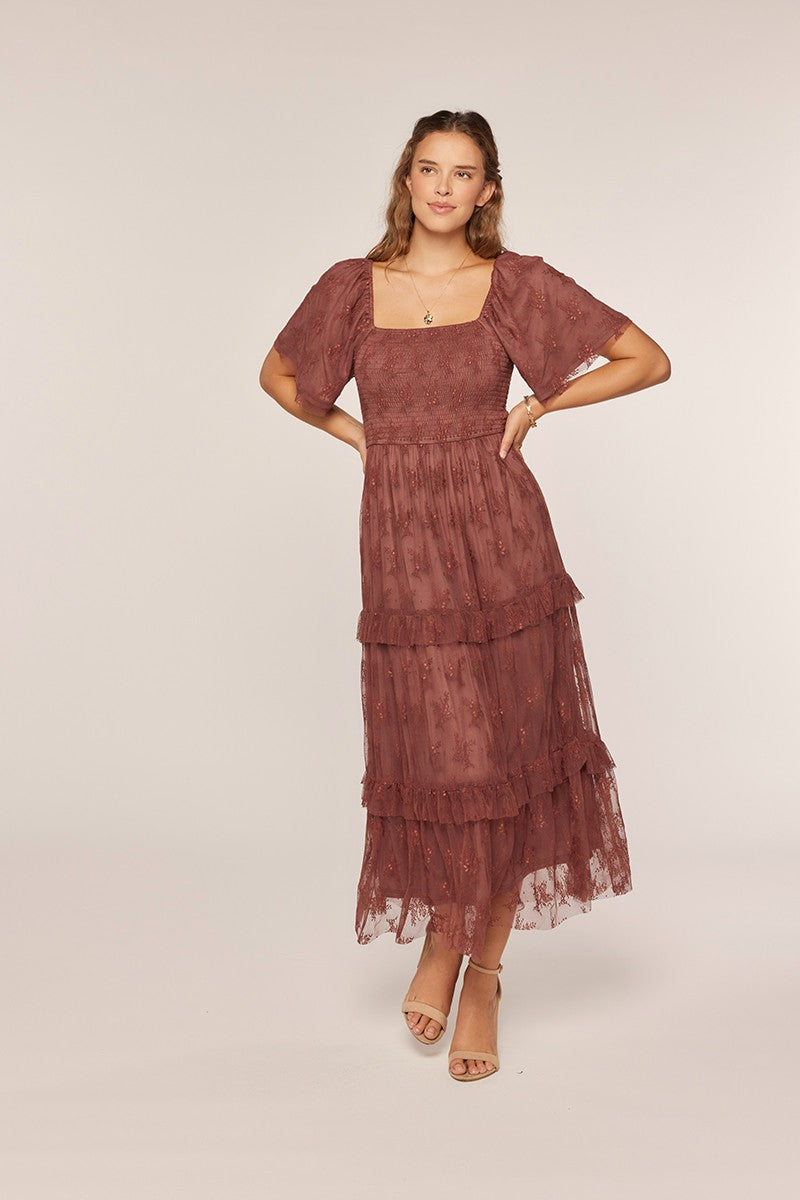 Jacquard Mesh Smocking Tiered Dress