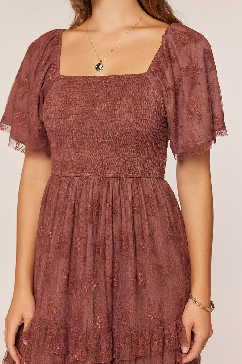 Jacquard Mesh Smocking Tiered Dress