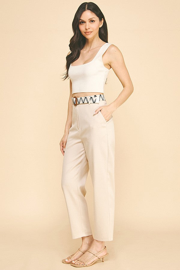 Tweed Braided Circle Belt Wide Leg Trousers