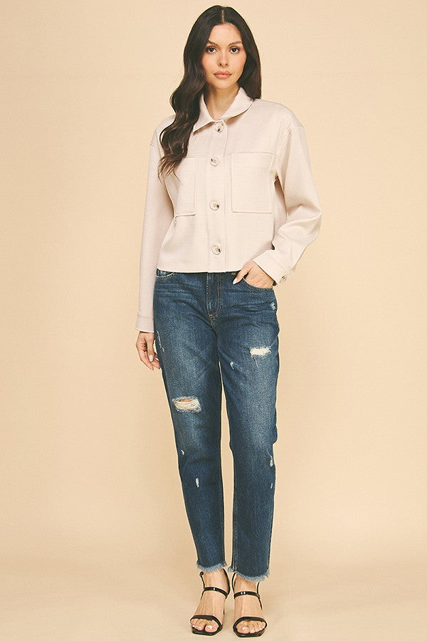 Tweed Cropped Oversized Patch Shacket