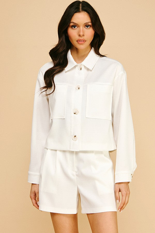 Tweed Cropped Oversized Patch Shacket