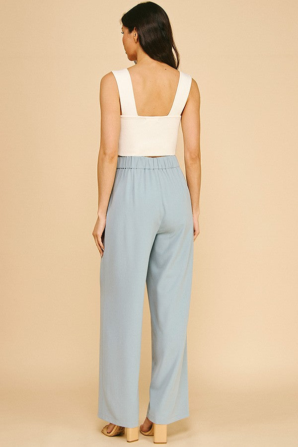 Twill Wide Leg Elastic Fit Waist Trousers