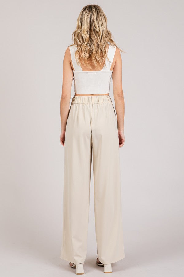 Twill Wide Leg Elastic Fit Waist Trousers