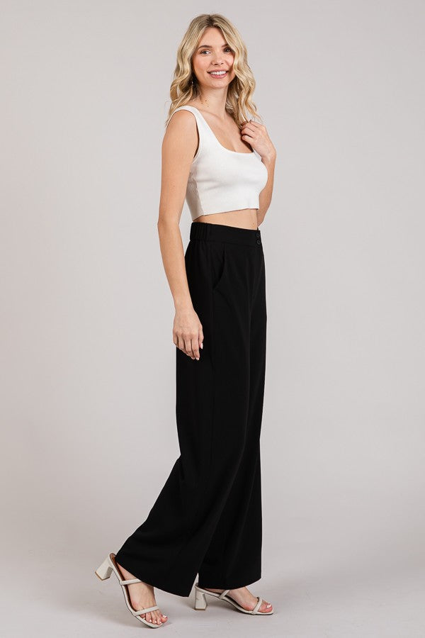 Twill Wide Leg Elastic Fit Waist Trousers