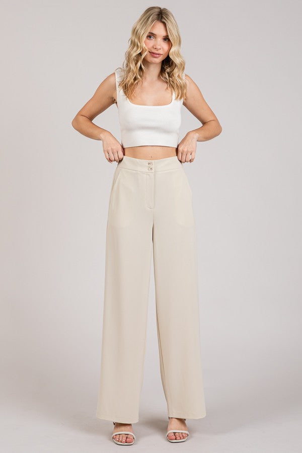 Twill Wide Leg Elastic Fit Waist Trousers