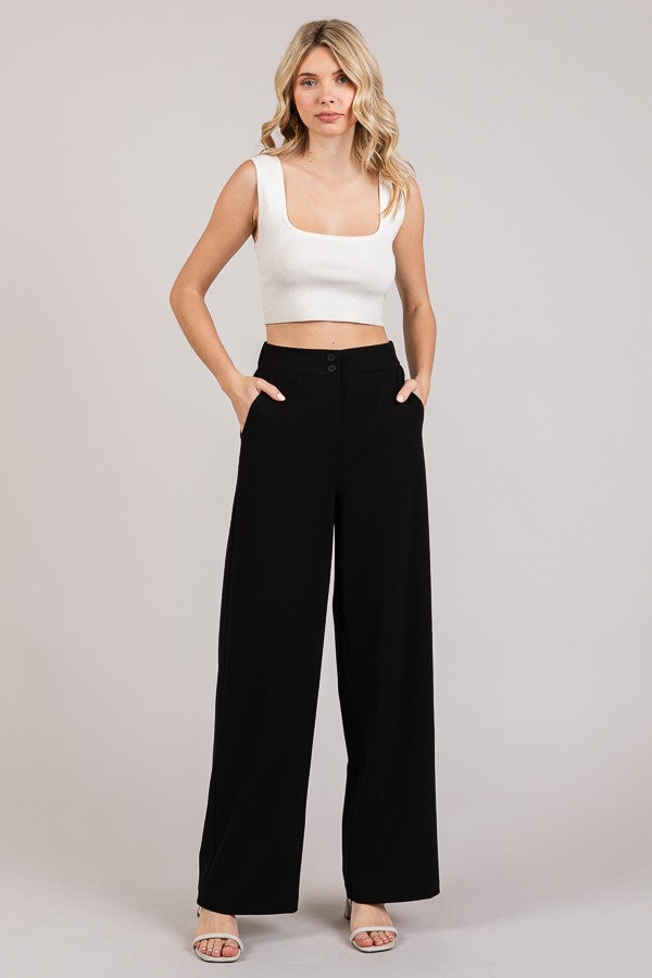 Twill Wide Leg Elastic Fit Waist Trousers