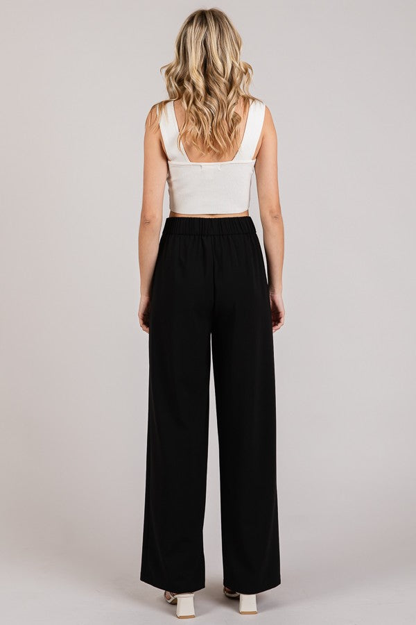 Twill Wide Leg Elastic Fit Waist Trousers