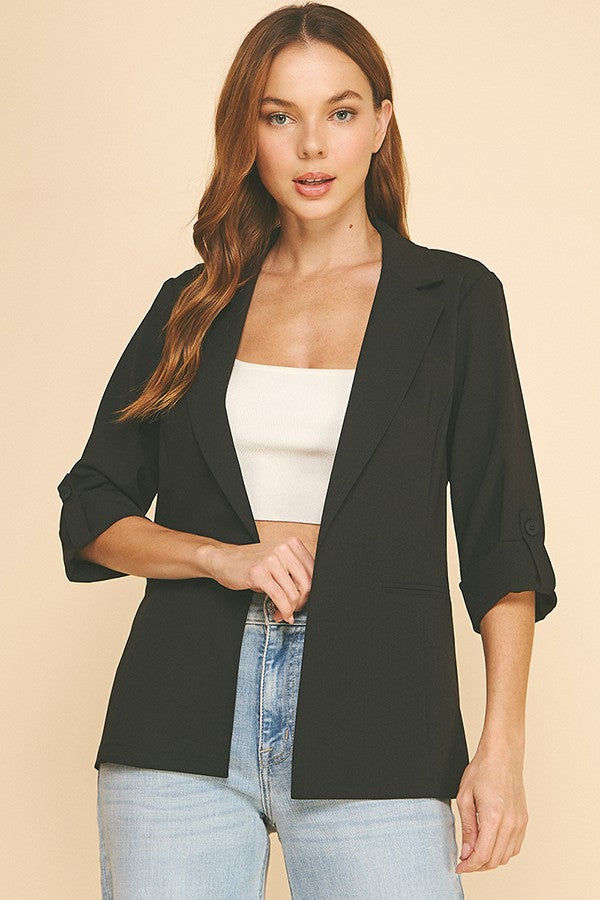 Twill Roll Tab Sleeve Long Blazer Jacket