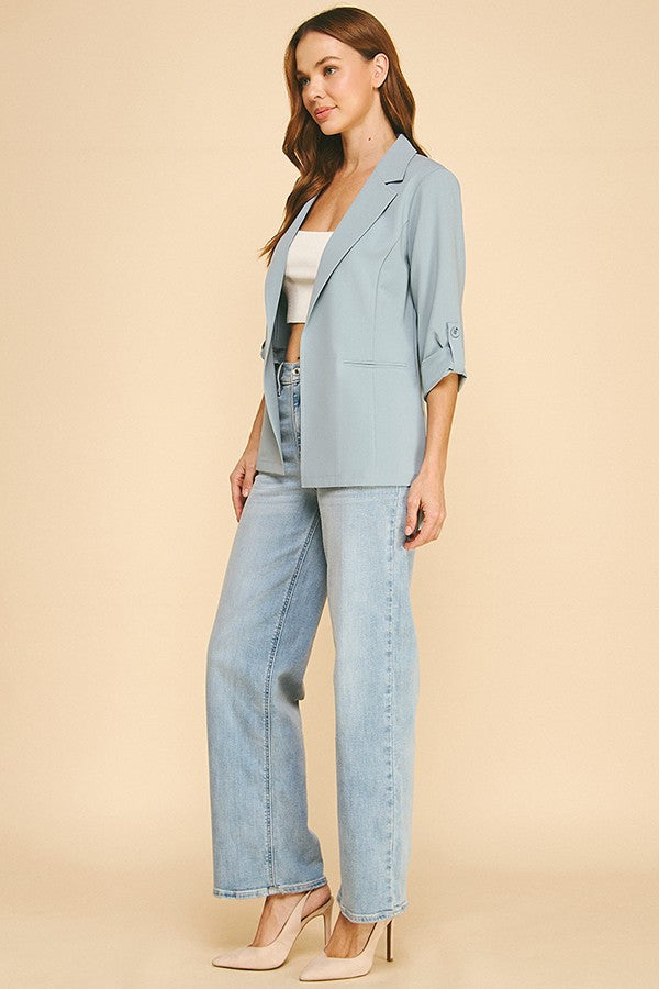Twill Roll Tab Sleeve Long Blazer Jacket