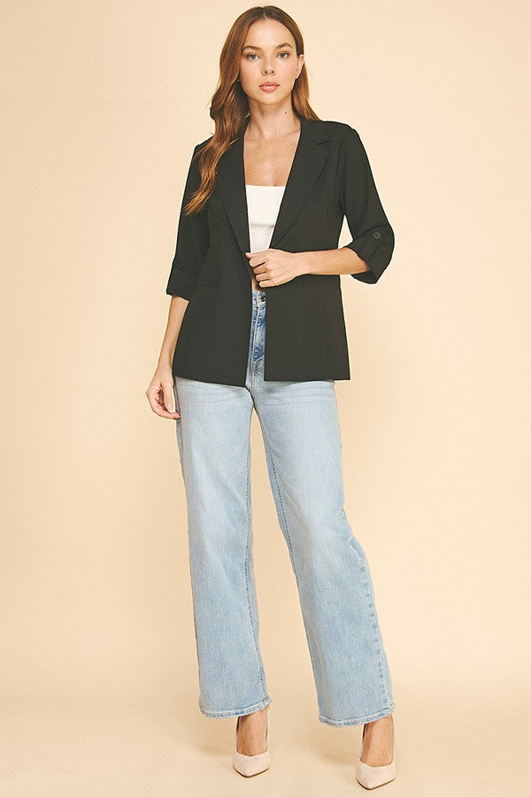 Twill Roll Tab Sleeve Long Blazer Jacket