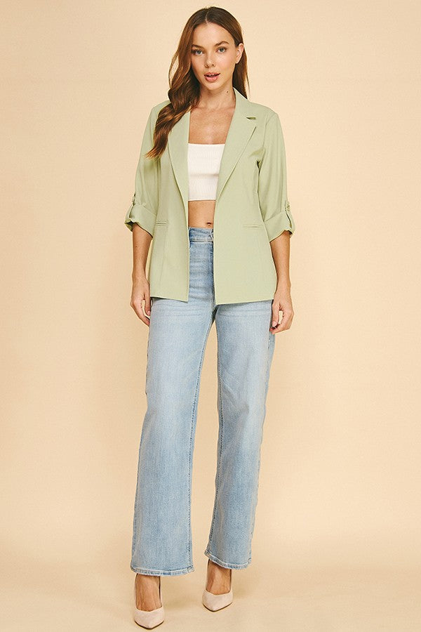 Twill Roll Tab Sleeve Long Blazer Jacket