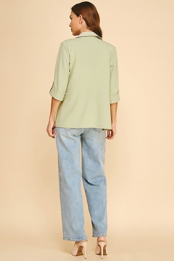Twill Roll Tab Sleeve Long Blazer Jacket