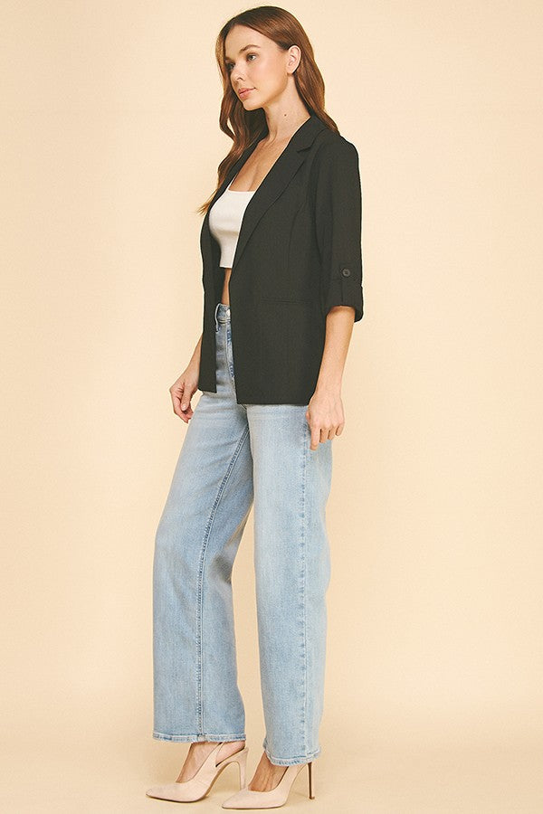 Twill Roll Tab Sleeve Long Blazer Jacket