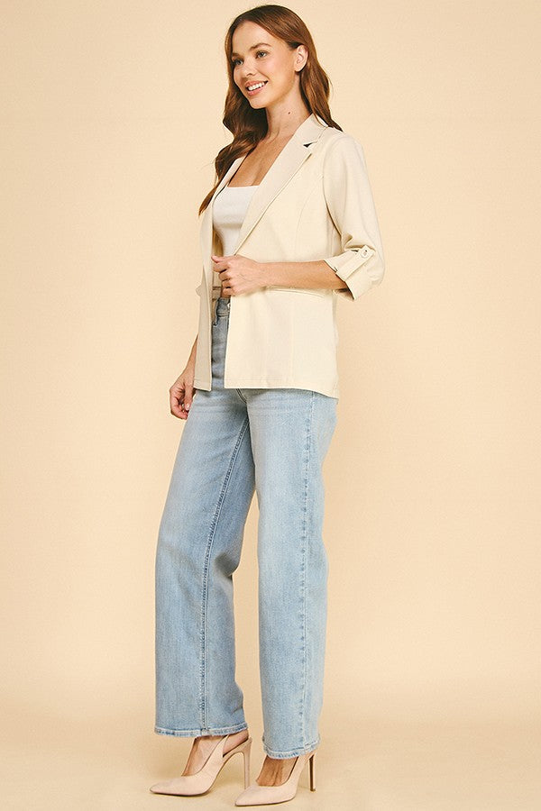 Twill Roll Tab Sleeve Long Blazer Jacket