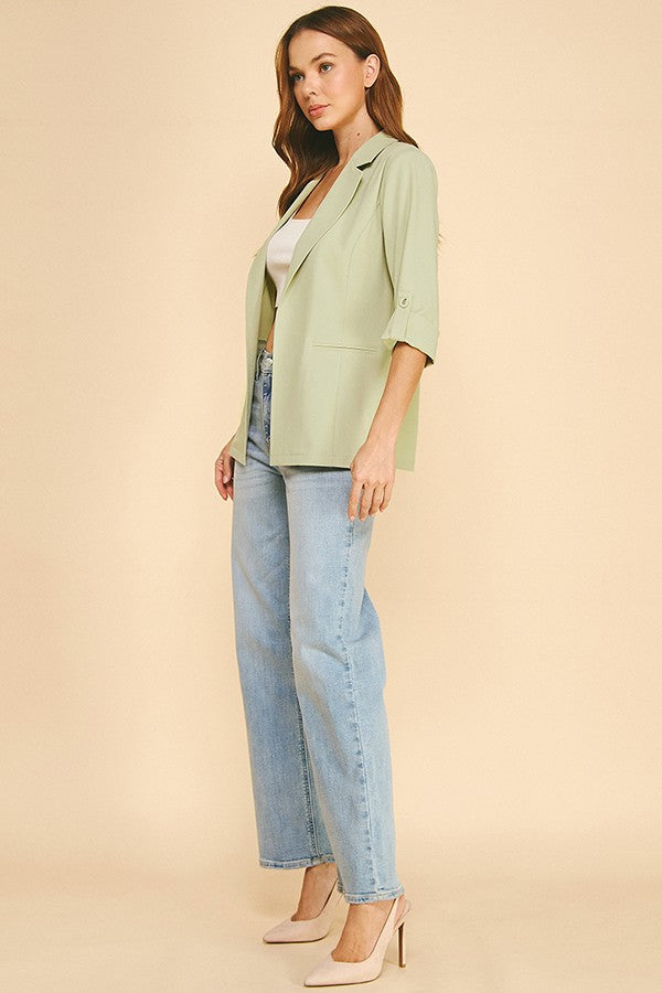 Twill Roll Tab Sleeve Long Blazer Jacket