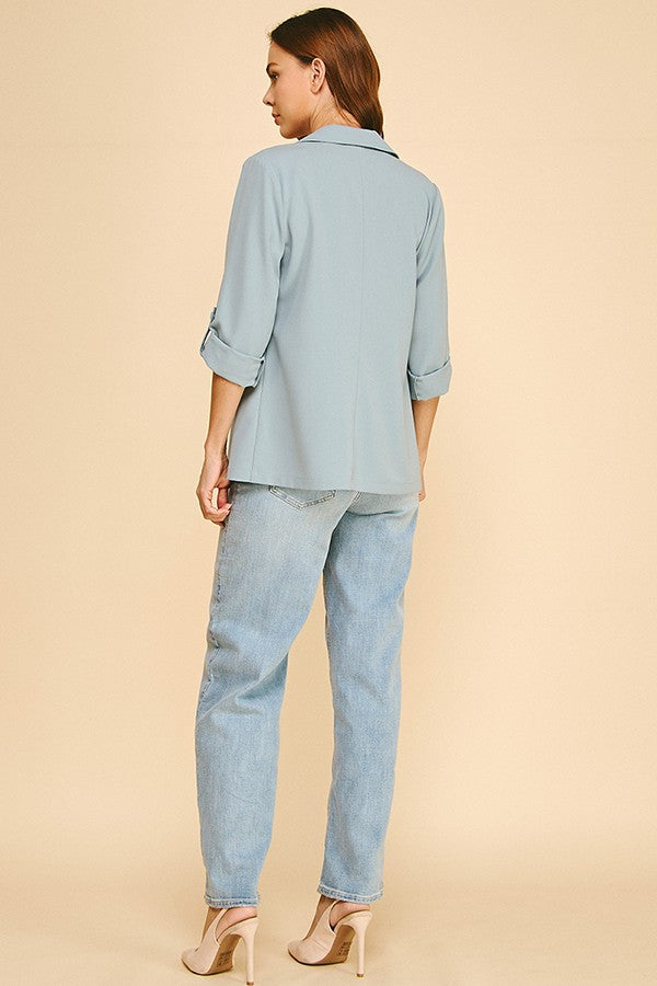 Twill Roll Tab Sleeve Long Blazer Jacket