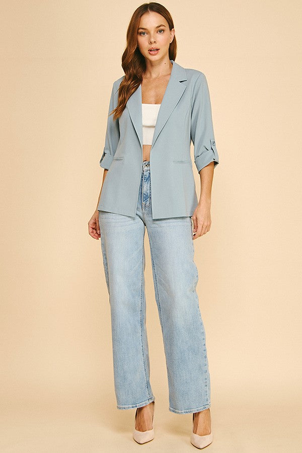 Twill Roll Tab Sleeve Long Blazer Jacket