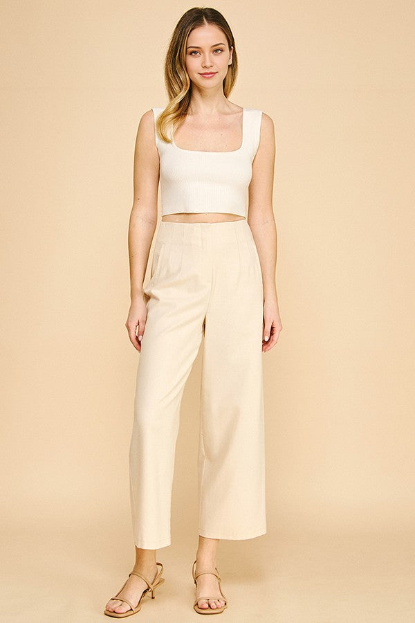 Linen Darted Waist Cropped Wide Leg Pants