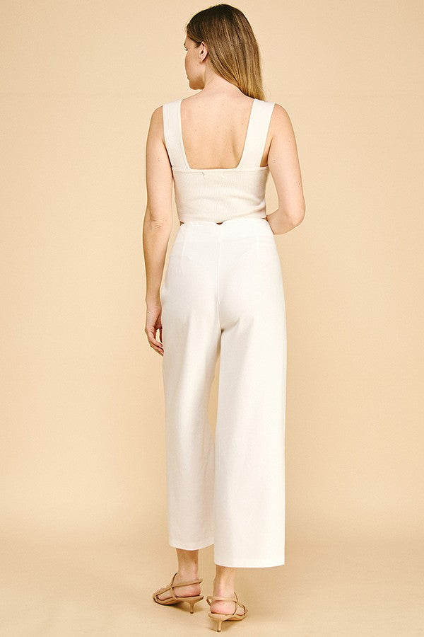 Linen Darted Waist Cropped Wide Leg Pants