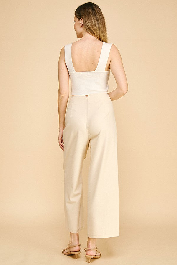 Linen Darted Waist Cropped Wide Leg Pants