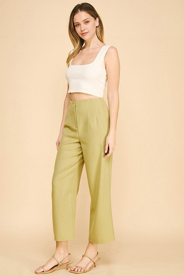 Linen Darted Waist Cropped Wide Leg Pants