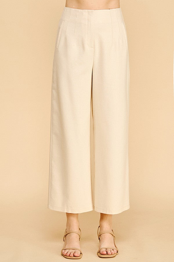 Linen Darted Waist Cropped Wide Leg Pants