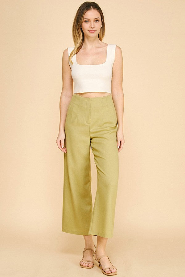 Linen Darted Waist Cropped Wide Leg Pants