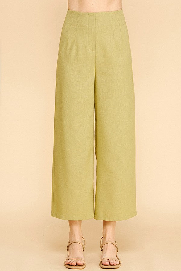 Linen Darted Waist Cropped Wide Leg Pants
