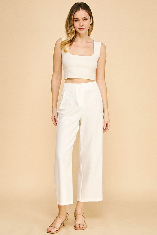 Linen Darted Waist Cropped Wide Leg Pants