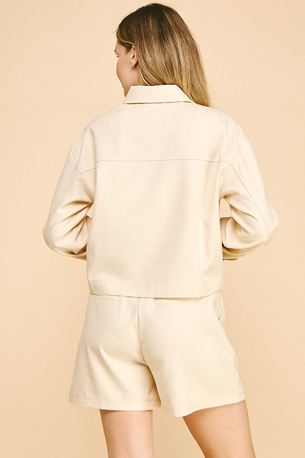 Linen Cropped Oversized Patch Pocket Shacket