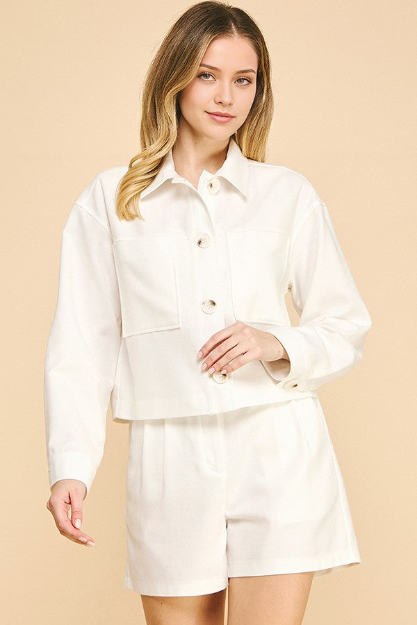 Linen Cropped Oversized Patch Pocket Shacket