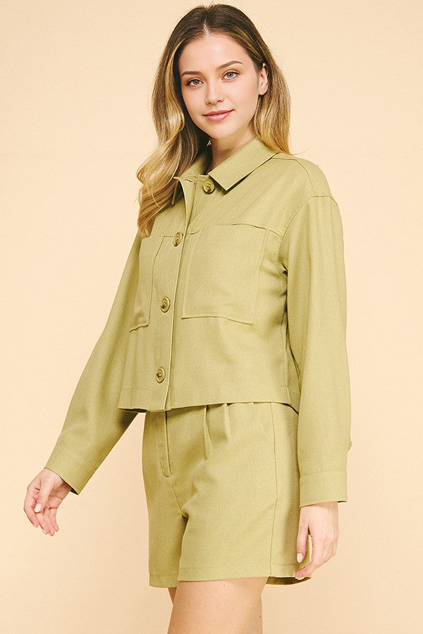 Linen Cropped Oversized Patch Pocket Shacket