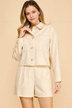 Linen Cropped Oversized Patch Pocket Shacket