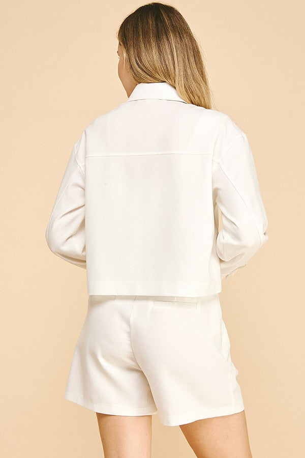 Linen Cropped Oversized Patch Pocket Shacket