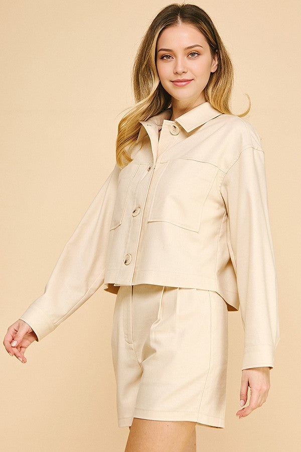 Linen Cropped Oversized Patch Pocket Shacket