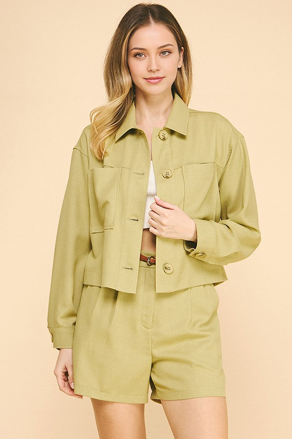 Linen Cropped Oversized Patch Pocket Shacket