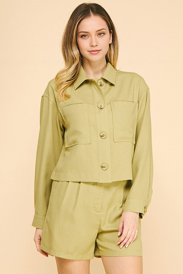 Linen Cropped Oversized Patch Pocket Shacket