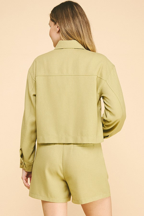 Linen Cropped Oversized Patch Pocket Shacket