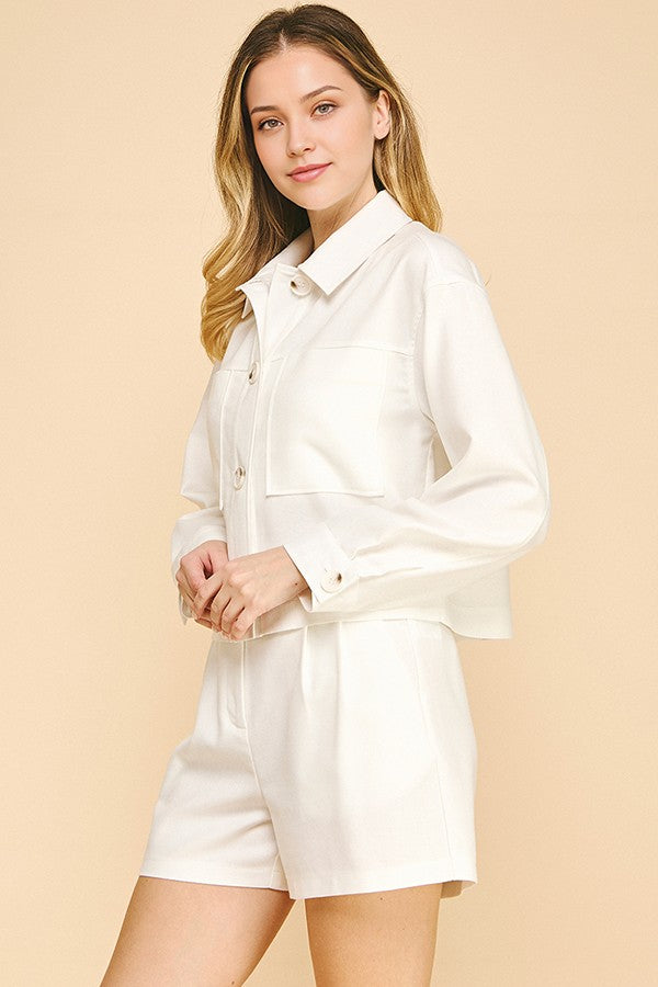 Linen Cropped Oversized Patch Pocket Shacket