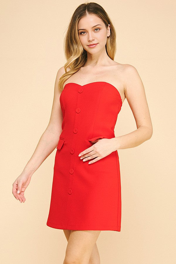 Twill Bustier Button Down Strapless Dress