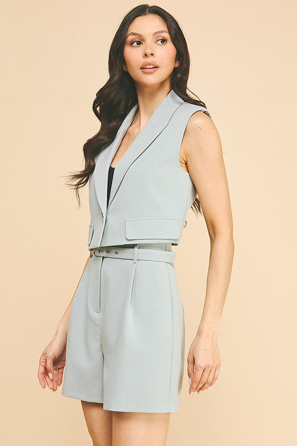Twill Notched Collared Cropped Blazer Vest