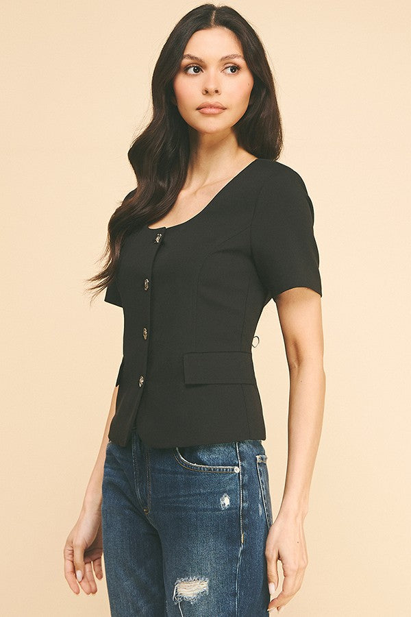 Twill Boat Neck Short Sleeve Blazer Top