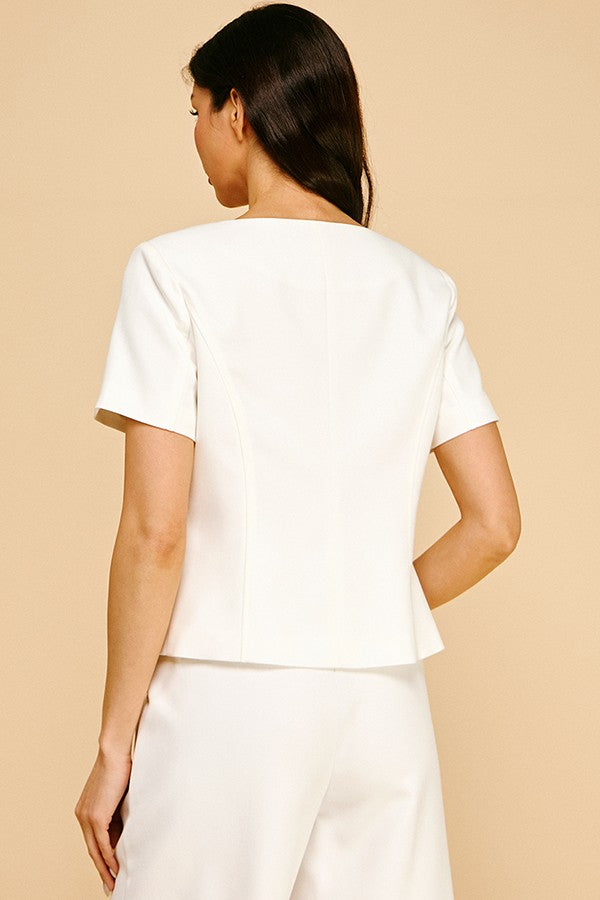 Twill Boat Neck Short Sleeve Blazer Top