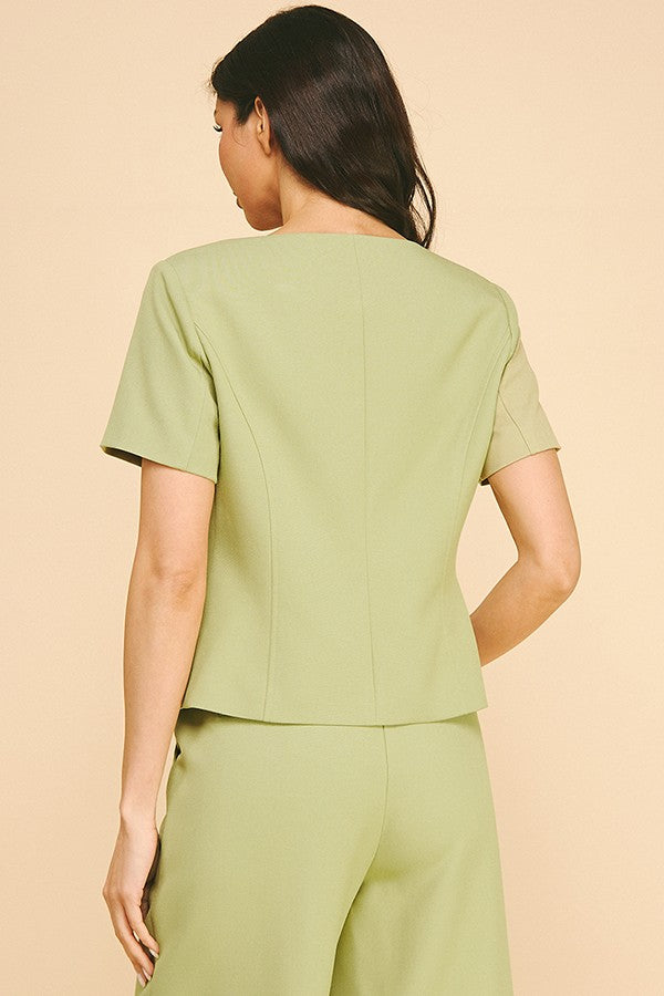 Twill Boat Neck Short Sleeve Blazer Top
