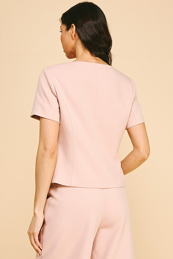 Twill Boat Neck Short Sleeve Blazer Top