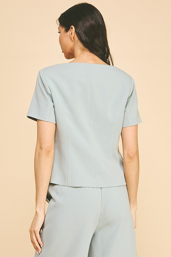 Twill Boat Neck Short Sleeve Blazer Top