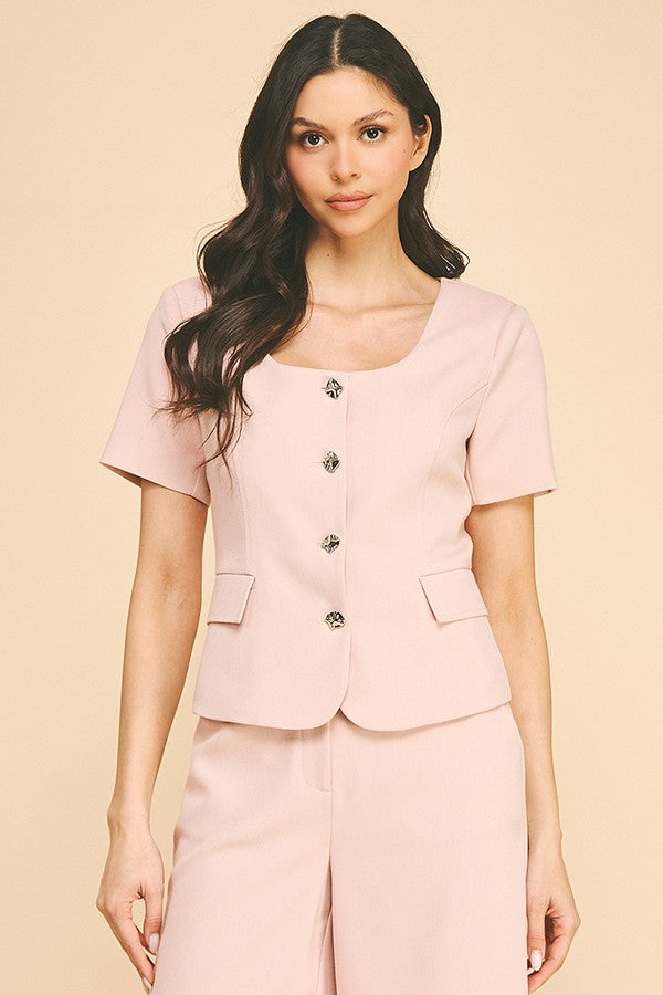 Twill Boat Neck Short Sleeve Blazer Top