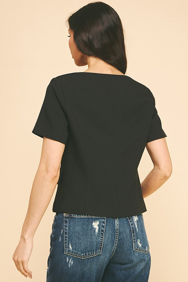 Twill Boat Neck Short Sleeve Blazer Top
