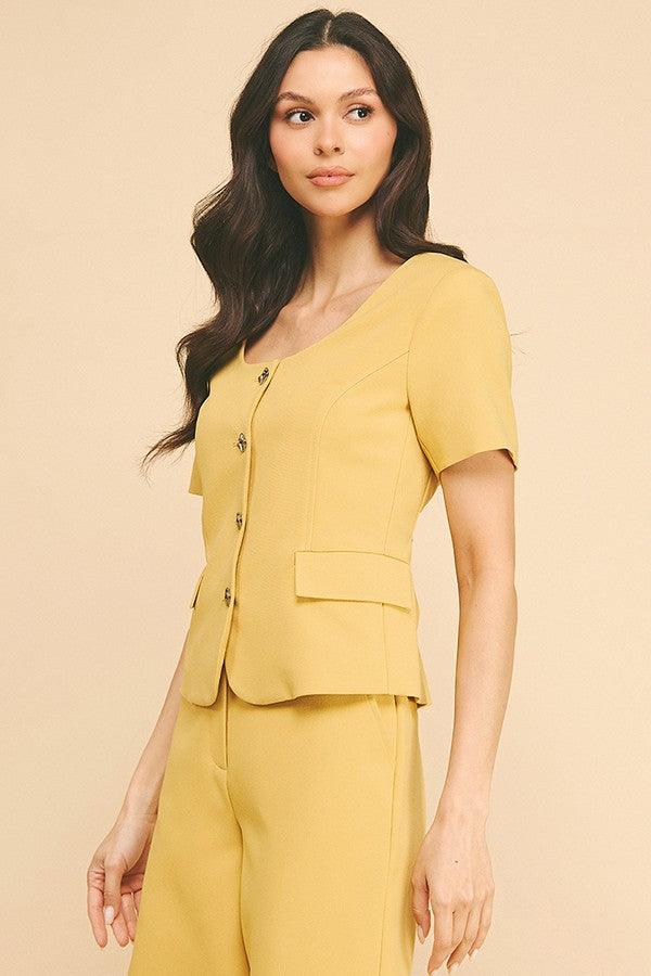Twill Boat Neck Short Sleeve Blazer Top
