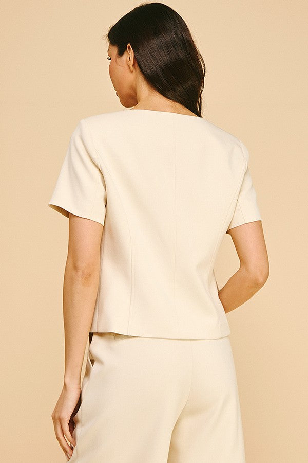 Twill Boat Neck Short Sleeve Blazer Top